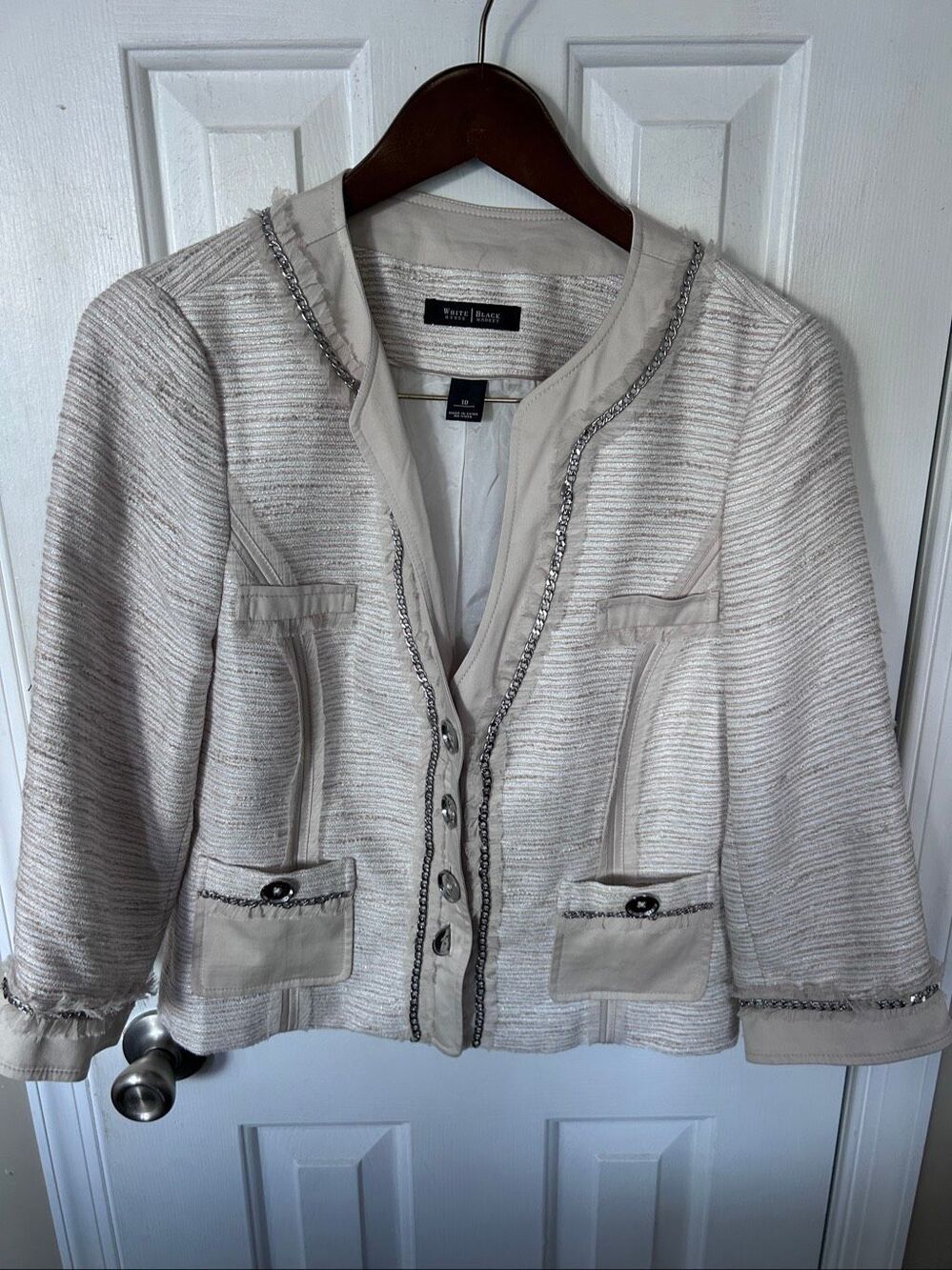 WHBM Beige jacket w Silver metallic & chain w fringe Size 10